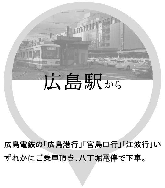 広島駅から広島電鉄の「広島港行」「宮島口行」「江波行」いずれかにご乗車頂き、八丁堀電停で下車。