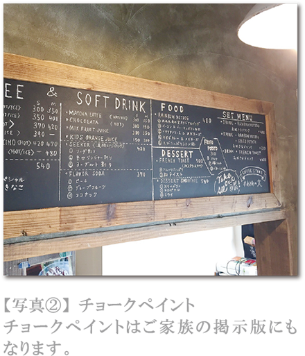 【写真②】チョークペイント チョークペイントはご家族の掲示版にも なります。